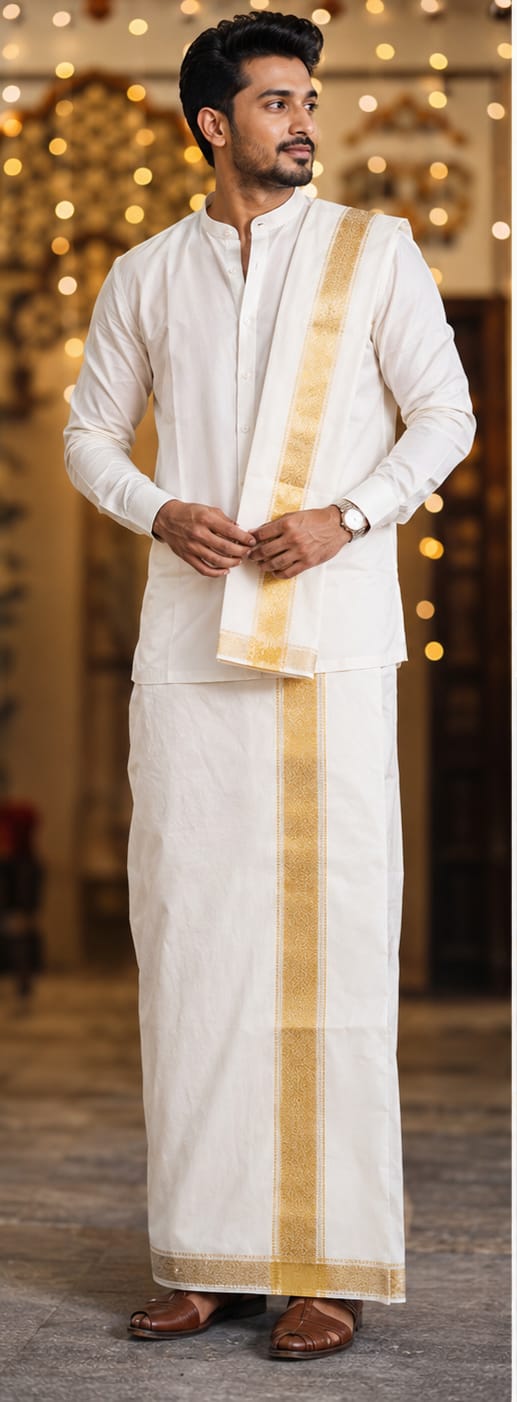 LINEN DHOTI  (GOLDEN BORDER) - PREMIUM QUALITY